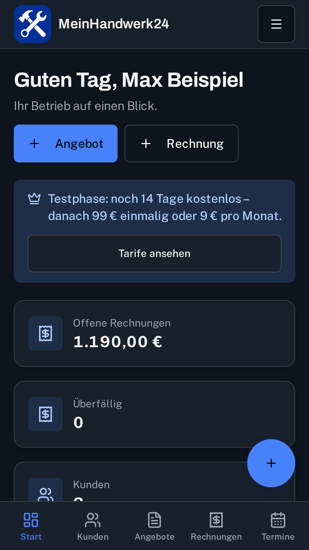 MeinHandwerk24 Dashboard auf einem Smartphone