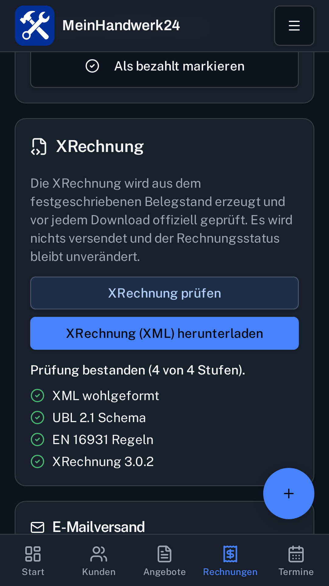 Rechnungen und XRechnung in MeinHandwerk24 auf einem Smartphone